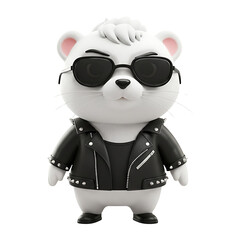 Cool White Rodent Cartoon Character in Black Leather Jacket and Sunglasses