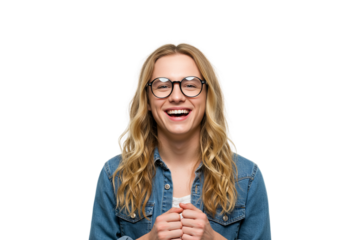 Portrait of a blonde woman with glasses smiling wide - png, isolated on transparent background