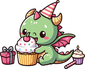 Cute Chibi Dragon Eating Cup Cake Character Cartoon Illustration