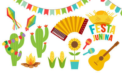 
Traditional Brazilian music festival Festa Junina. Vector Illustration. Symbols of flags and paper lanterns, accordion, bonfire, guitar, corn, hat, maracas.
