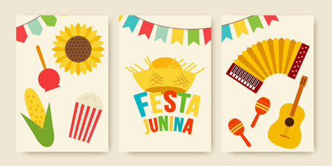 Traditional Brazilian music festival Festa Junina. Accordion, corn, guitar, sunflower symbols.
