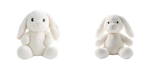 Two cute white plush rabbits on a black background, cut out transparent