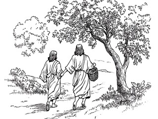 Obraz premium Two figures walk path, trees, landscape