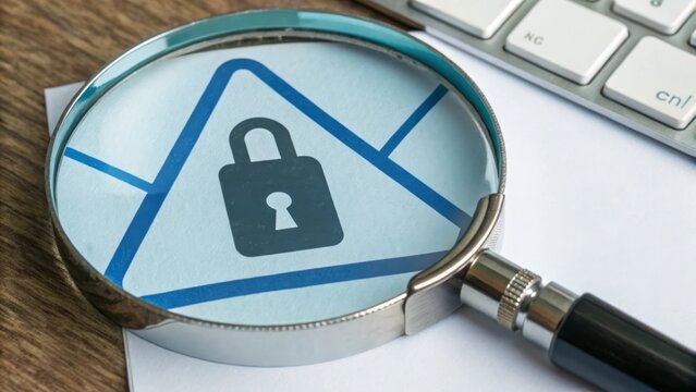 Magnifying glass over a padlock symbol on a document, suggesting security and privacy.