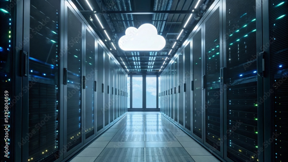 Poster data center corridor with server racks and a cloud symbol above.