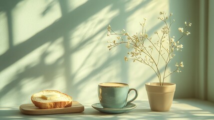 Serene morning coffee and croissant still life pastel colors calm bakery cafe food photography