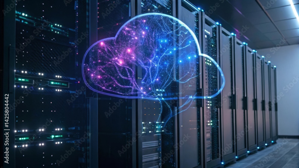 Poster digital cloud concept emerging from a data center environment.