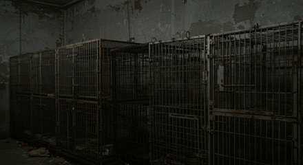 Rusty Metal Cages in an Abandoned Dark Room Row of Containment