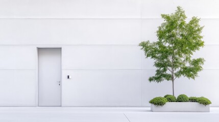 Fototapeta premium A solitary tree in a rectangular planter beside a minimalist white door on a modern building facade, clean lines and simplicity, and urban nature concept.