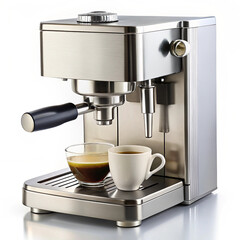 Modern espresso machine with fresh coffee and espresso cup on white background