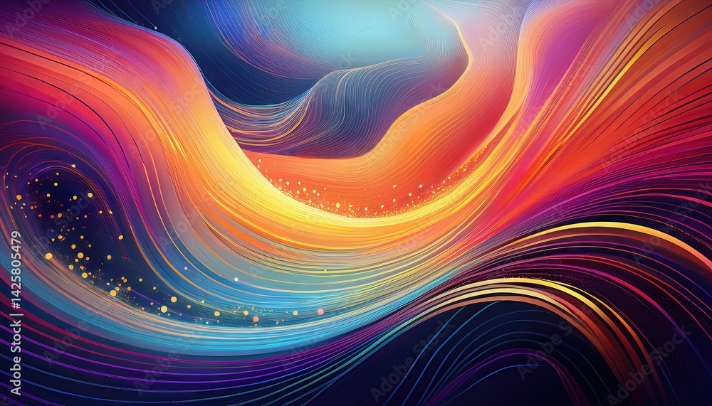 Poster dynamic abstraction vibrant hues flow through lines and glow in an electrifying artwork, showcasing 