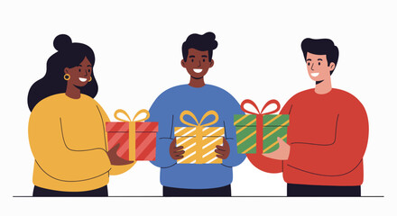Friends exchanging gifts happily against a minimalist background  