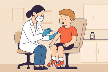 Fototapeta premium Flat Vector Illustration of a Child Getting Vaccinated by a Healthcare Professional – Pediatric Immunization Concept