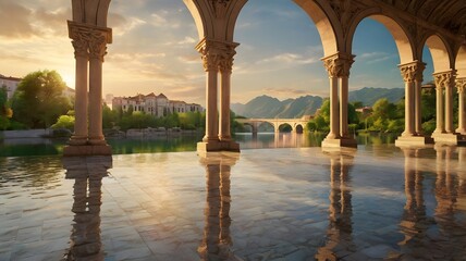Fototapeta premium sunset over a beautiful antique building with breathtaking view of the mountains and greenery 