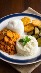 Exquisite Rice Platter with Tender Meat Curry, Golden Brown Potato Cakes, and Tangy Pickled Green Beans, a Symphony of Flavors.