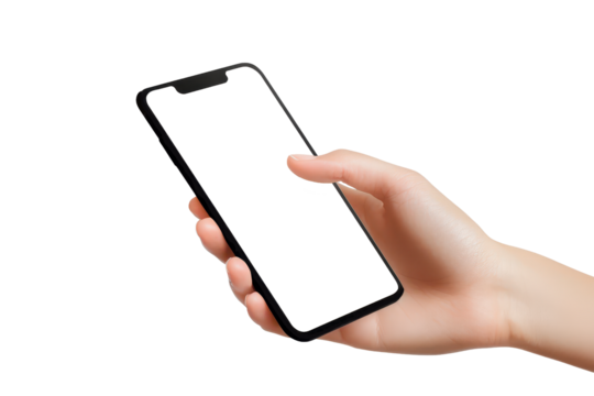 Hand hold phone for mockup with thumb touch blank screen, cut out