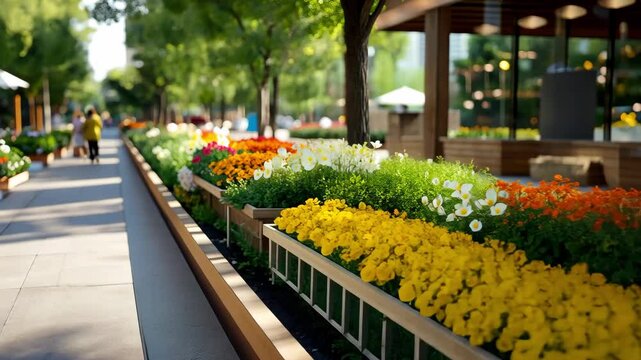 Vibrant Flowerbeds in a Lively Outdoor Public Space on a Sunny Day