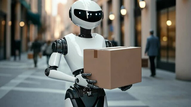 Futuristic robot delivers package in a busy city street.  AI powered delivery drone carrying cardboard box animated in motion. Automated shipping and logistics future concept 3d animation.