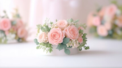 A delicate arrangement of pink roses and babys breath in a small floral bouquet, soft focus background, and elegant and romantic composition.