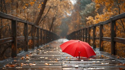 A red umbrella lying on a wooden bridge, with rain falling down, an autumn afternoon sky, trees in the background, the bridge over a river, Generative AI illustrations.