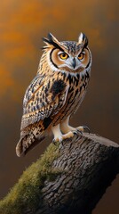 Majestic owl perched on a mossy log at sunset.