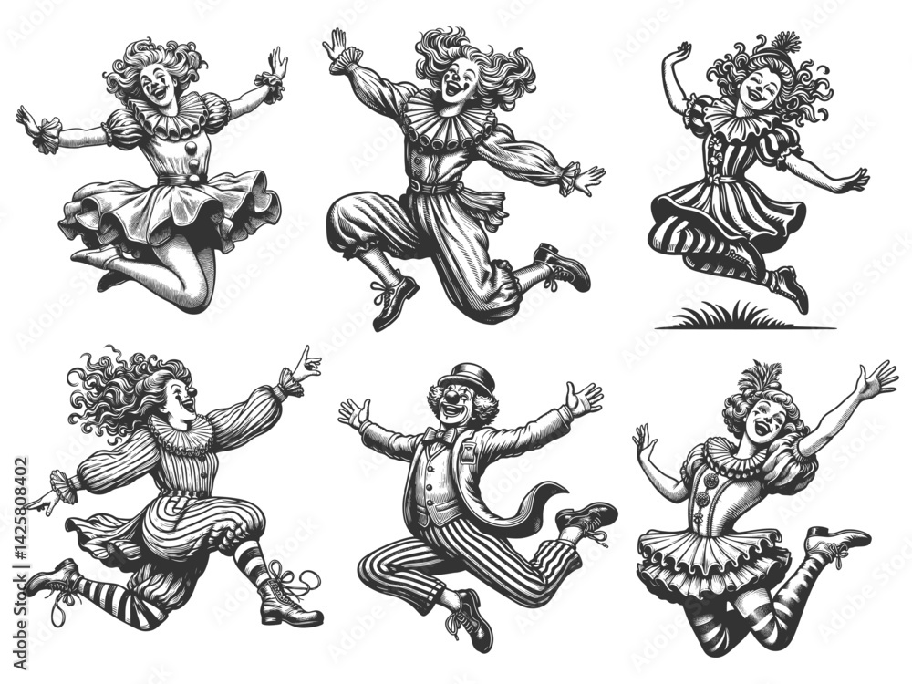 Poster jumping circus clowns set collection bundle sketch engraving generative ai vector illustration. scra