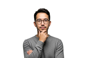 Man in glasses portrait holding chin gray sweater - png, isolated on transparent background