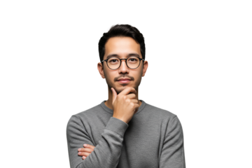 Man in glasses portrait holding chin gray sweater - png, isolated on transparent background
