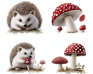 Cute hedgehog with red mushrooms in nature.
