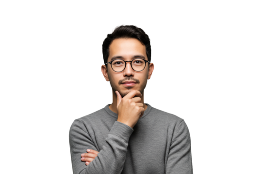 Man in glasses portrait holding chin gray sweater - png, isolated on transparent background