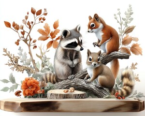 Three woodland animals in a natural setting.