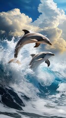 Two dolphins leaping above ocean waves.
