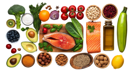 A vibrant array of fresh, healthy foods showcasing salmon, avocados, and colorful vegetables, nuts and berries, promising delicious and nutritious meals with a bright, clean aesthetic.