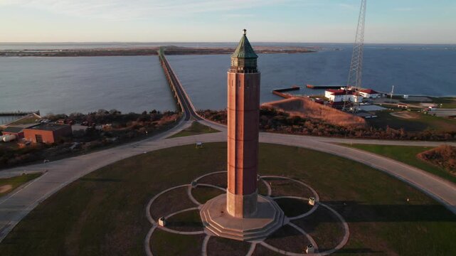 Fire Island Water Tower, Long Island. Gorgeous aerial panoramic view of Fire Island and Robert Moses State Park, 4K
