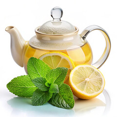 Teapot with mint leaves and lemon slice on white background