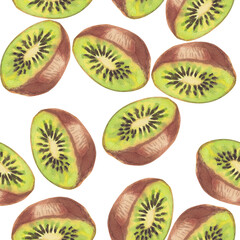 Fototapeta premium Watercolor seamless pattern of kiwi fruit half isolated on a white background. A bright green fruit with seeds. Hand-drawn botanical illustration, sketch for textile, wrapping paper, wallpaper.