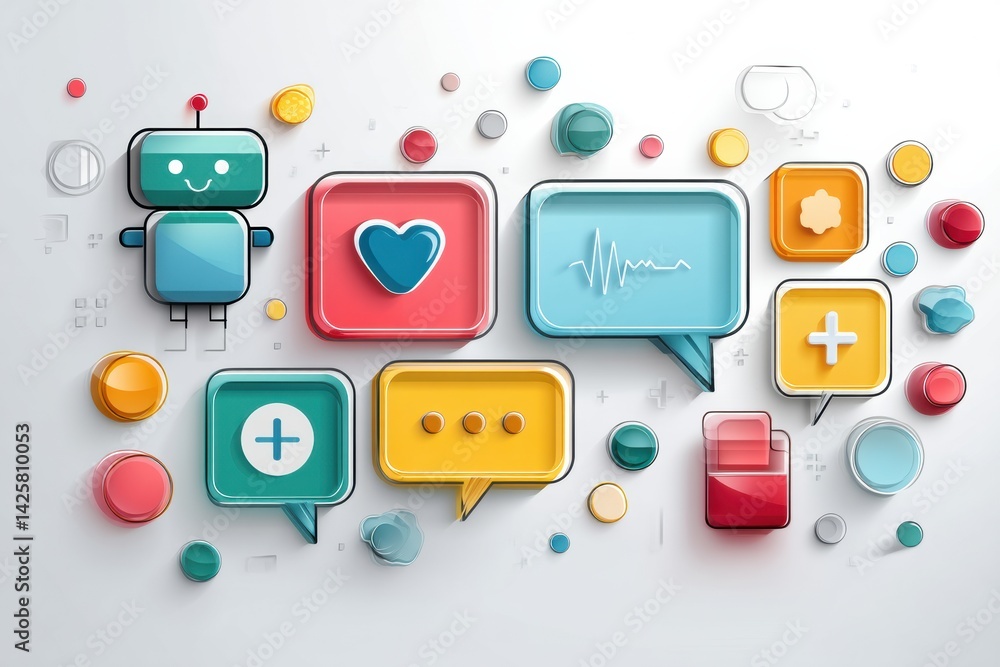 Poster Modern Healthcare Chatbot With Colorful Interface Featuring Heart Symbol Among Various Interactive Elements in Digital Format