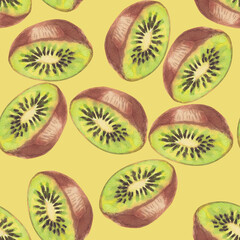 Fototapeta premium Watercolor seamless pattern of kiwi fruit half isolated on a light green background. A bright green fruit. Hand-drawn botanical illustration, sketch for textile, wrapping paper, wallpaper.