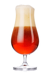 A glass of amber beer with frothy head, isolated on a clean white background
