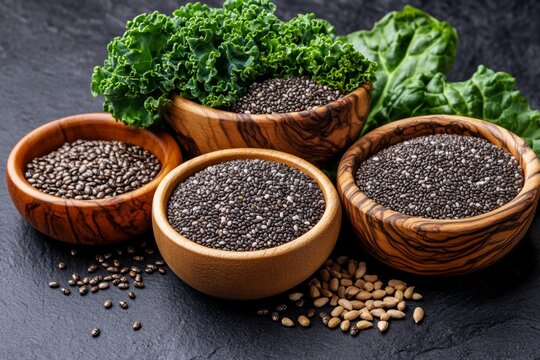 Chia seeds in wooden bowls and kitchen utensils on a white background with scattered black cumin seeds, green leaves of chard or kale, photographed by a professional photographer for a commercial