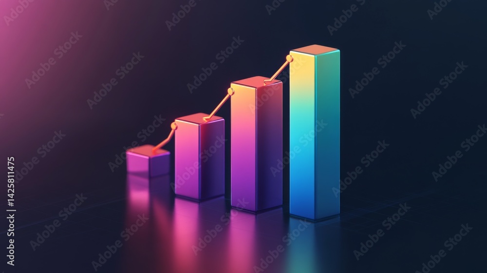 Poster a d bar chart with rising, metallic bars in gradient shades, symbolizing growth and performance in a