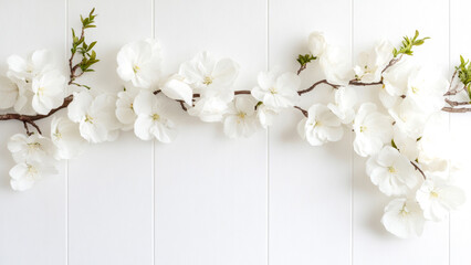 White cherry blossoms on branch against light background