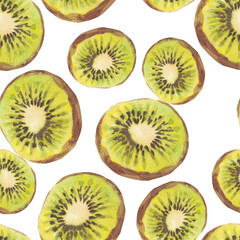 Fototapeta premium Watercolor seamless pattern of kiwi fruit round flying slices isolated on a white. Hand-drawn botanical realistic fruit illustration, sketch for textile, wrapping paper, wallpaper, design
