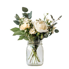 Isolated mason jar with flower arrangement on a white background