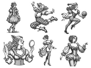 Fototapeta premium Jumping Circus Clowns Set collection bundle sketch engraving generative ai vector illustration. Scratch board imitation. Black and white image.