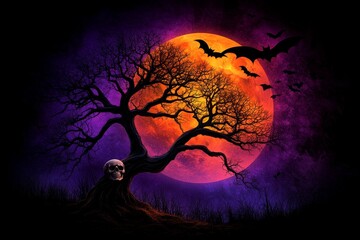 Skull on a tree branch, with a full moon in the background and bats flying, in the digital art style with a horror theme and a purple and orange color palette