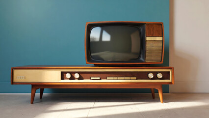 Vintage retro tv on mid century modern stand against blue wall