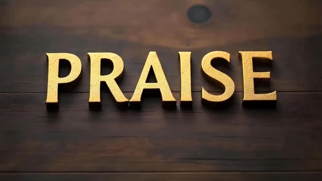 PRAISE gold letters written on a dark wood background