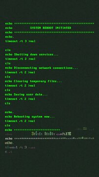 Shaky PC screen warns of reboot initiation and system shutdown VERTICAL