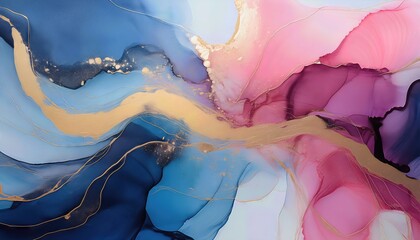 Vibrant Alcohol Ink Fluid Art Painting A Stunning Mix of Blue, Pink, and Gold Hues Creating a Captivating Abstract Scene, Evoking Sense of Emotional Depth and Textural Richness.